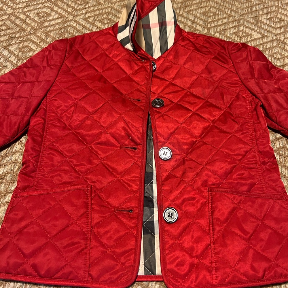 Red Girl’s Quilted Burberry Jacket, Size 5, Excellent Condition
